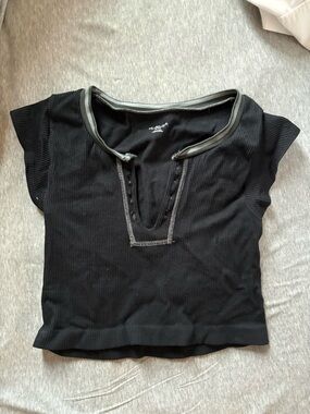 Urban Outfitters Black Ribbed Crop Top with Gray Trim
